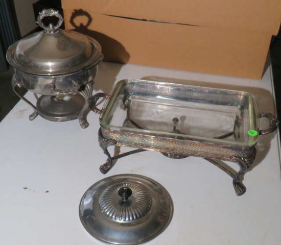 Pair silver chafing dishes with heat treated glass bowls