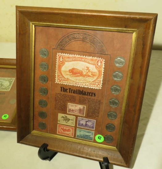 Framed coin and stamp display "Trailblazers" {14) buffalo nickels, (7) comm