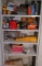 mixed lot of sanding paper, pads, sealers, glues (inside steel cabinet)