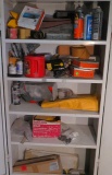 mixed lot of sanding paper, pads, sealers, glues (inside steel cabinet)