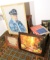 group of 3 pieces of wall art, charcoal of police officer, framed certificate, paint by number flora