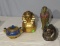 Egyptian figures including King Tut, coin bank  lidded jar, small lidded urn