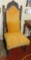 Victorian style carved oak upholstered chairs with mustard yellow velvet upholstery