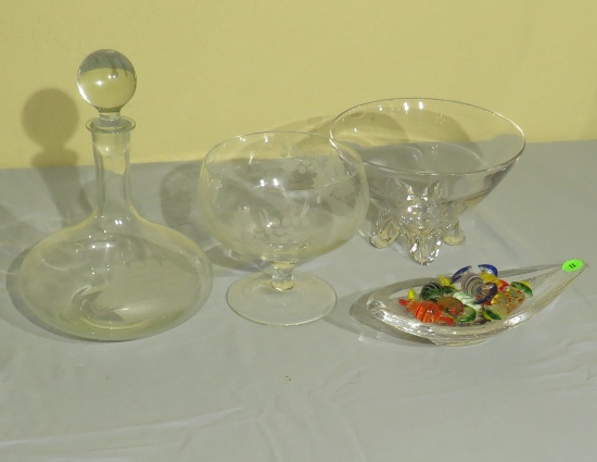 group of 4 pieces clear glass candy bowl with blown glass candies, etched decanter, etched pedestal