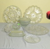 mixed etched crystal  and pressed glass  butter dish, divided plate, lidded compote, 2 serving platt
