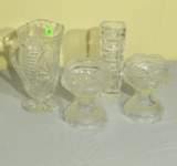 cut glass 9” high pitcher, (1) candle holders 7” high x 6” diameter, cut glass flower vase 9” high