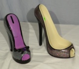 high heel shoe ceramic wine bottle holder 8” high and high heel shoe coin bank 7” high