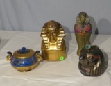 Egyptian figures including King Tut, coin bank  lidded jar, small lidded urn