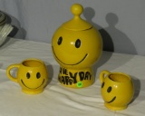 Have A Happy Day cookie jar and 2 coffee mugs