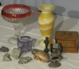 mixed items coasters, ruby glass compote, stones, shells, Catalina island souvenir, alabaster candle