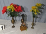 brass flower vases, small lidded wood box