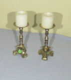 pair faux brass candle sticks 9” high x 4” diameter comes with 2 electronic candles