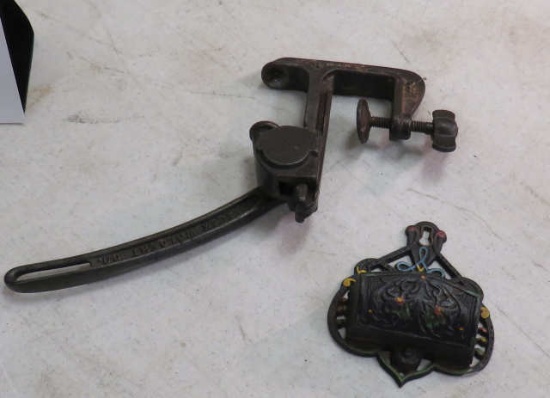 antique cast iron mastch holder, and castiron table mount nut cracker