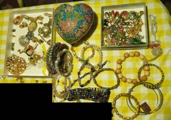 costume jewelry - assorted bracelets, pins, and heart shaped container
