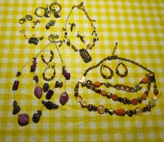 costume jewelry = group of 3 necklaces with matching earrings, and 5  pair earrings