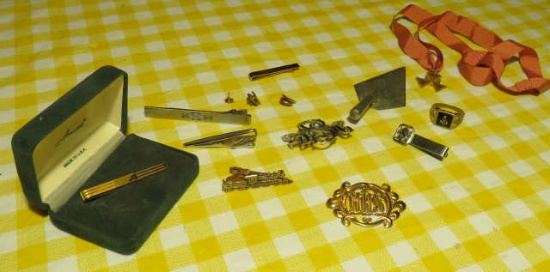 brooches, pins, Masonic ring,, trowel, tie clips, award medal,