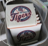Detroit Tigers seat cushions in a plastic tote