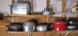mixed crock pot and baking pans, wok, cast aluminum pots, covered roasting pan