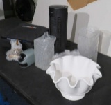 mixed lot of desk supplies including fan, bowl, ash trays, electric pencil sharpener
