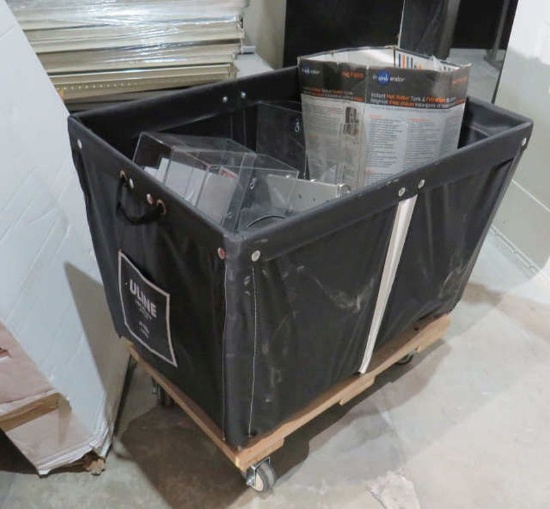 Laundry cart on casters with asst. insect control lights, bug killer plug-ins,