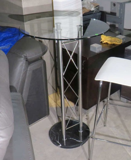 Glass top round table with chrome and marble base, 25” in Diameter,  use for standing table or with