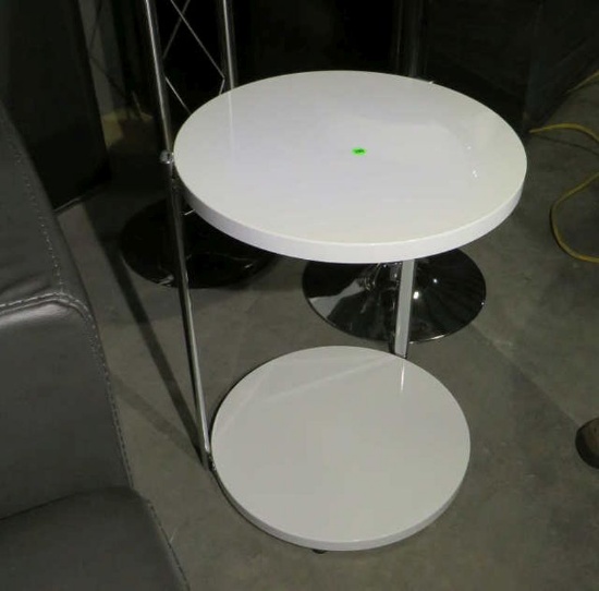 Modern end table, white with Chrome, 18” Diameter x 23” h