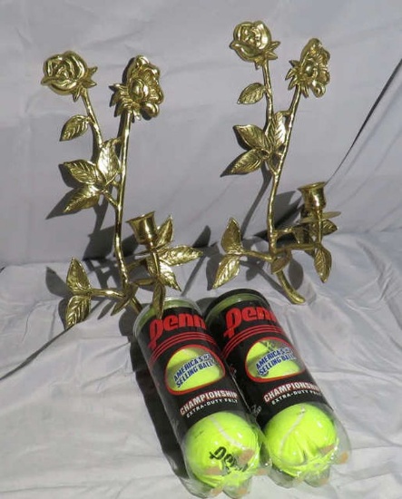 pair brass  candle sconces, 2 boxes tennis balls