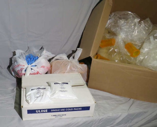 case of mixed pill bottles and ice packs