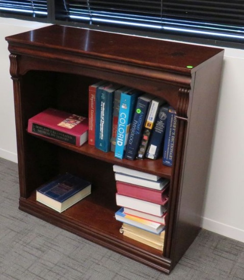 Mahogany finish bookcase, wood,  34"w x 14"d x 36"h