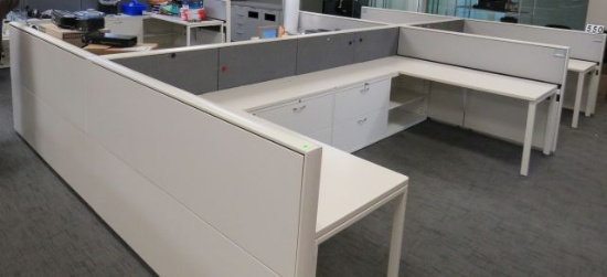 6 station cubicle, 6 shelving units, 6 desk tops, 6 lateral files footprint 12'w x 19'long, 42" h...