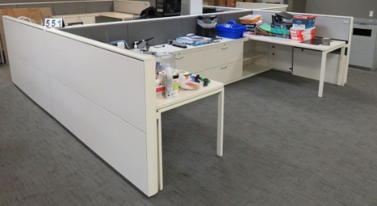 5 station cubicle, 5 desks, 5 shelving units, 5 lateral files foot print 12' w x 19' long, 42" high