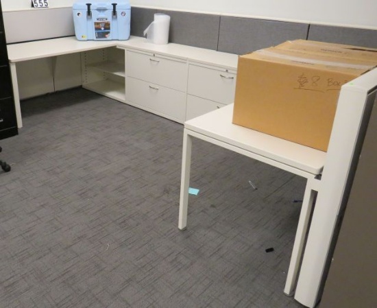 2 station cubicle, 6 ft deep x 12.5 ft long, 2 desk tops, 2 filing cabinets, 2 shelving units