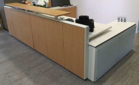 2 station reception desk, 2 lateral file cabinets, 2 shelving units, 2 desks, 10ft long x 6.5ft w...