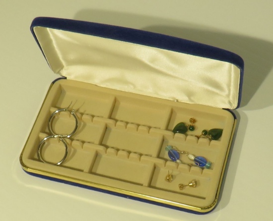 small earring case with 5 pair earrings (1) 14k gold setting, (1) 10k gold setting (1) sterling circ