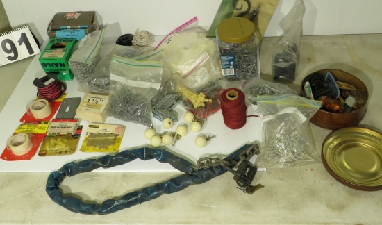 mixed fasteners, electric wire, tape, conduit connectors, cabinet knobs, decorative hooks, shelf bra