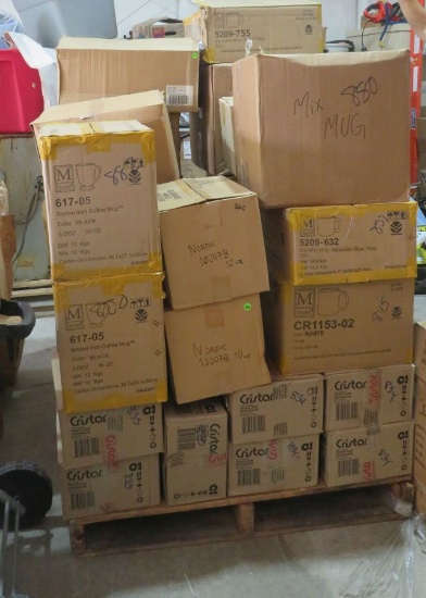 pallet of mixed glassware 40+ boxes new cups, saucers, glasses, shot glasses