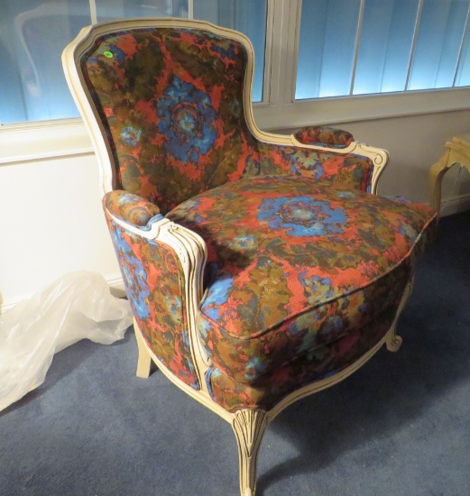 Louix XV style carved wood framed chair with upholstered seat, back, and arms, 33” H x 28”W x 22” D.