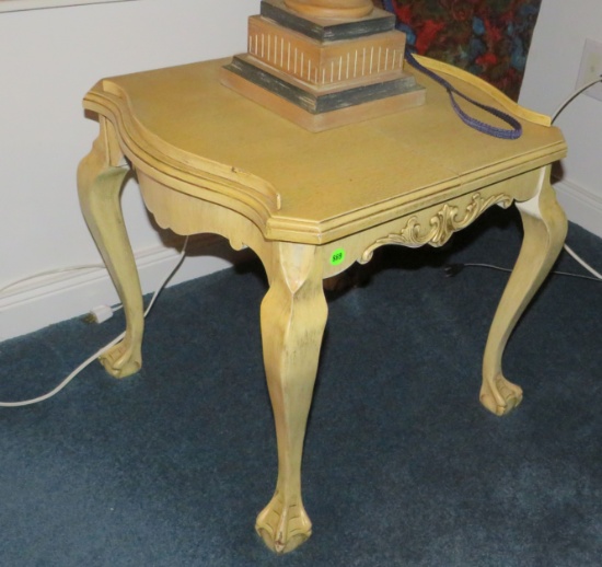 carved light wood lamp table with claw feet 18" x 18" x 18" high