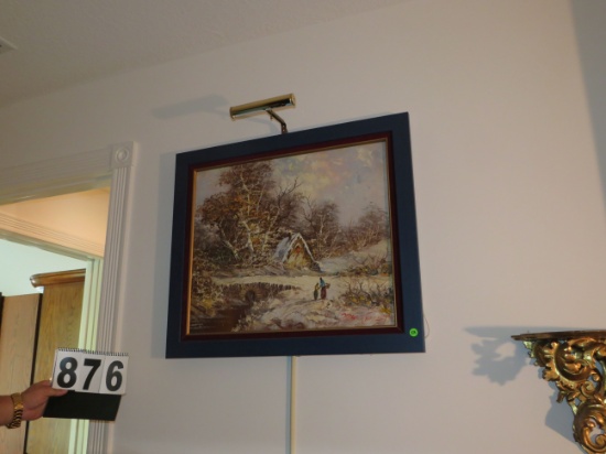 Marie Charlot. Oil on canvas depicting a winter landscape and figures. Image size: 29"H x 24"W. Dark