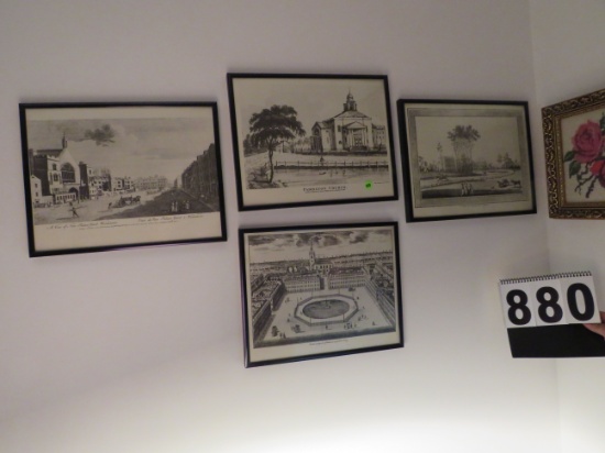 group of 4 English prints under glass