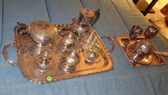 silver tea service with tray and silver goblets