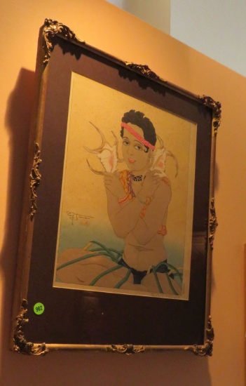 framed Polynesian figural print on paper
