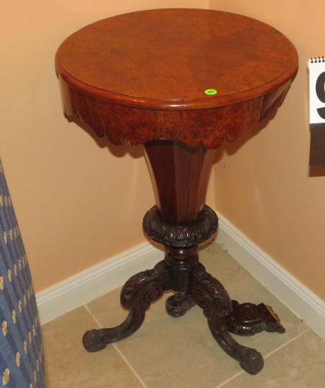 round walnut finished accent table 19" h x 15" diameter (broken leg needs repair)
