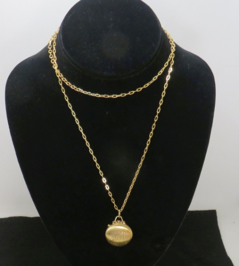Belair Gold Tone Pocket Watch on necklace, Engraved lid, 1" Diameter