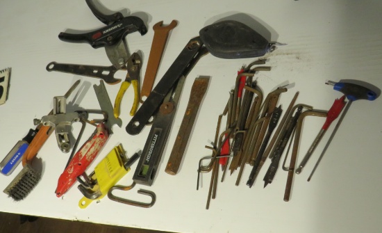 ammo box with mixed tools, including pvc pipe cutter