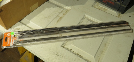 pack of 3 new 25" drill bits 1/2", 9/16" , 5/8" with 3/8" shanks plus used 1/2" bit