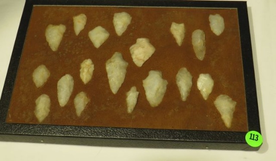 Indian white flint small arrowhead points 1 1/2" to 2 1/4" examples in display case