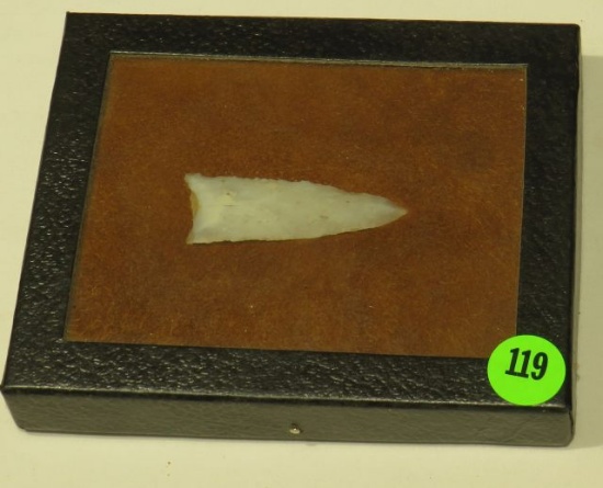 white flint Indian arrowhead thin point 2 1/4" long in display case