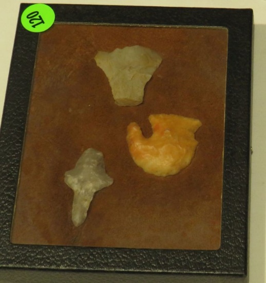 Native American flint tools (1) 1 1/4" hook (1) 1 1/2" scraper (1) 1 3/4" winged drill in display...