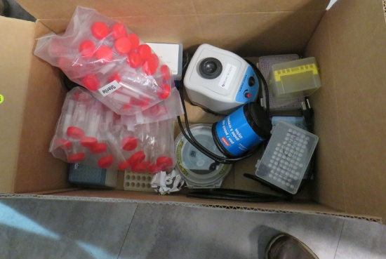 box new test tubes, mini centrifuge, and other lab supplies